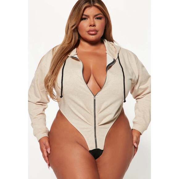 FASHION NOVA NWOT Loungin' Around Hoodie Bodysuit *Oatmeal S - Picture 12 of 13
